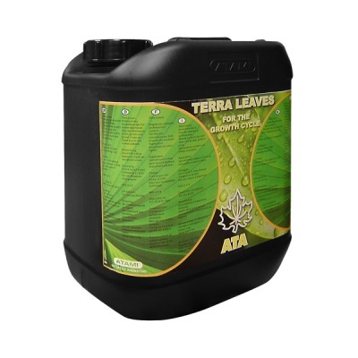 Recipiente preto com rótulo verde e amarelo, texto TERRA LEAVES ATA