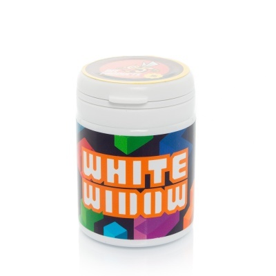 Frasco branco com rótulo colorido e texto WHITE WIDOW