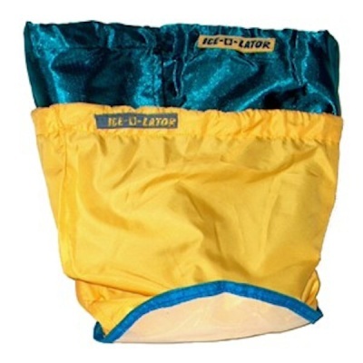 Dois sacos de tecido azul escuro e amarelo com etiquetas ICE-U-LATOR