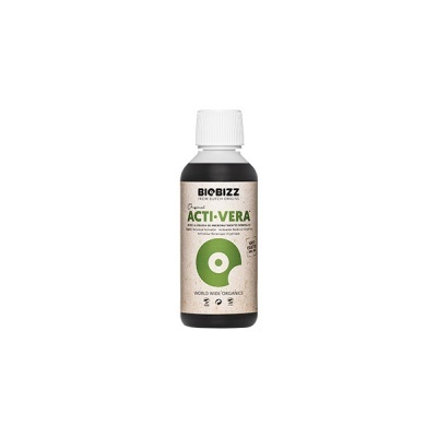 Frasco de plástico preto com rótulo castanho claro e texto verde BIOBIZZ ACTI VERA