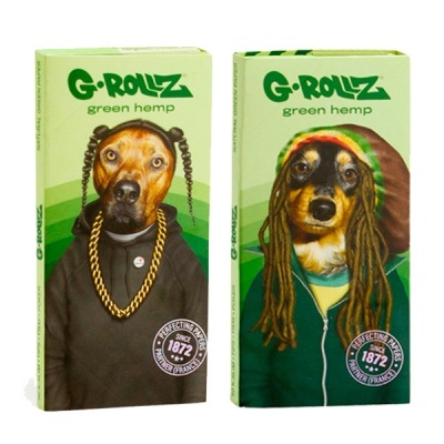 Embalagens verdes G-ROLLZ green hemp com cães vestidos e selo 1872