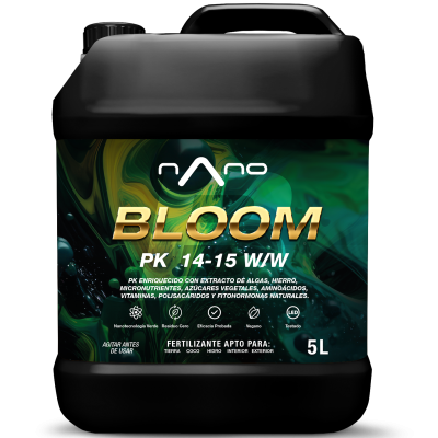Frasco preto de fertilizante líquido BLOOM PK 14-15 W/W de 5 litros