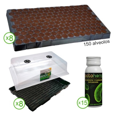 Kit de jardinagem com bandejas de alvéolos, tampas transparentes e frascos de produto para plantas