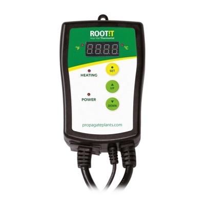 Termóstato ROOT!T com botão amarelo SET e botões verdes UP e DOWN.