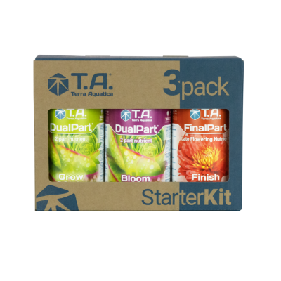 Conjunto StarterKit 3 pack T.A. Terra Aquatica com três frascos de DualPart Grow, DualPart Bloom e FinalPart Finish