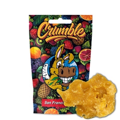 Embalagem colorida com frutas e burro sorridente, texto Crumble e San Francis, com bloco amarelo ao lado