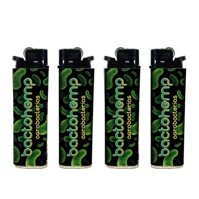 Quatro isqueiros pretos com design de bactérias verdes e texto bactohemp agrobacterias