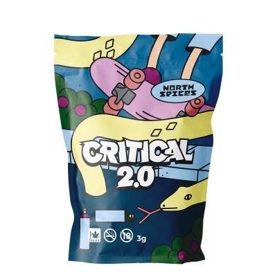 Embalagem colorida com cobra, skate e texto Critical 2.0 da North Spices.