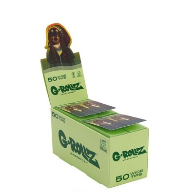 Embalagem verde com 50 pontas largas G-Rollz Amsterdam e imagem de cão com cabelo longo