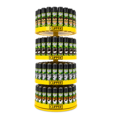 Expositor amarelo com isqueiros Clipper reutilizáveis com desenhos de macacos sorridentes.