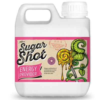 Frasco branco com rótulo rosa e bege do produto Sugar Shot Energy Provider