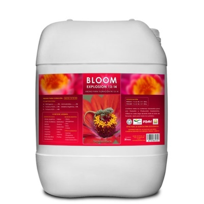 Bidão branco com etiqueta vermelha e rosa de adubo BLOOM EXPLOSION 13-14 com imagem de flor e lagarto