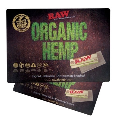 Embalagem preta de papel RAW Organic Hemp com textos verdes, vermelho e selo dourado