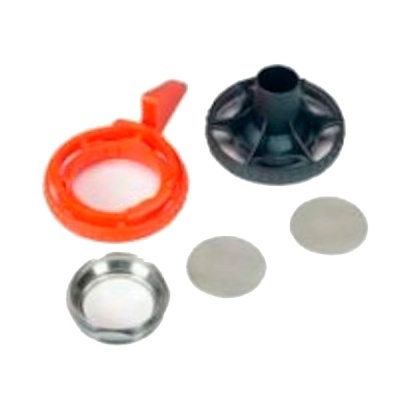 Conjunto de peças de filtro com anel laranja, suporte preto e discos metálicos
