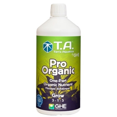 Frasco branco de fertilizante orgânico líquido T.A. Terra Aquatica Pro Organic com fundo verde e roxo