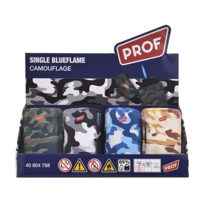 Isqueiros camuflados PRO em embalagem azul com texto e símbolos de segurança