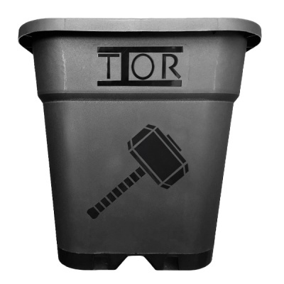 Contentor em plástico cinzento escuro com símbolo de martelo e texto TOR