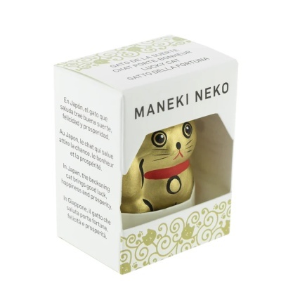 Gato da sorte dourado Maneki Neko em embalagem branca com detalhes dourados