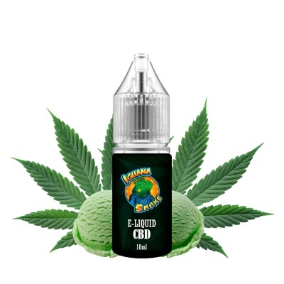 Frasco de e-líquido CBD com folhas de cânhamo e gelado verde