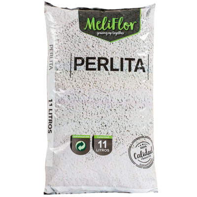 Saco de perlita Meliflor branco com texto preto e verde e selo de qualidade