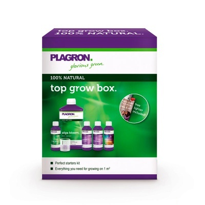 Caixa do produto Plagron top grow box com garrafas de nutrientes para plantas e texto informativo.