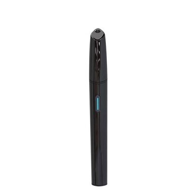 Dispositivo electrónico preto com botão azul e fundo branco.