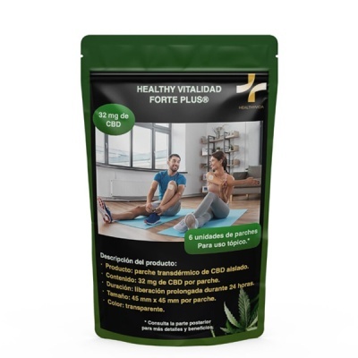 Embalagem verde e preta com parches transdérmicos de CBD e imagem de casal a fazer exercício