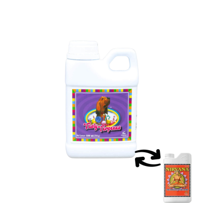 Recipiente branco de plástico com tampa e etiqueta colorida com cão e texto Tasty Turpines