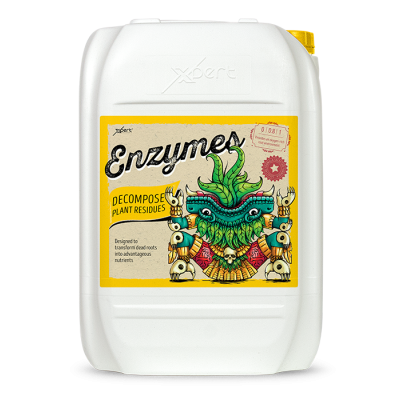 Bidão branco com rótulo amarelo Enzymes e ilustração colorida de criatura vegetal-mecânica