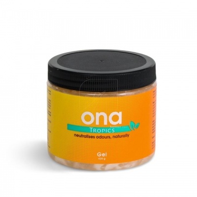 Frasco de gel ona Tropics com tampa preta e rótulo laranja e amarelo.