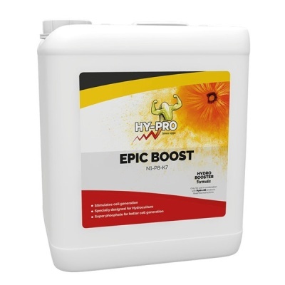 Recipiente plástico branco com etiqueta HY-PRO EPIC BOOST para hidroponia