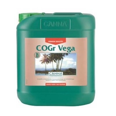 Recipiente verde de produto CANNA COGr Vega com rótulo e imagem de palmeiras