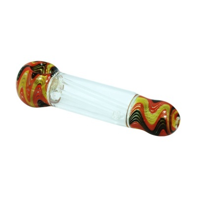 Cachimbo de vidro com extremidades coloridas em padrão ondulado vermelho, amarelo e preto
