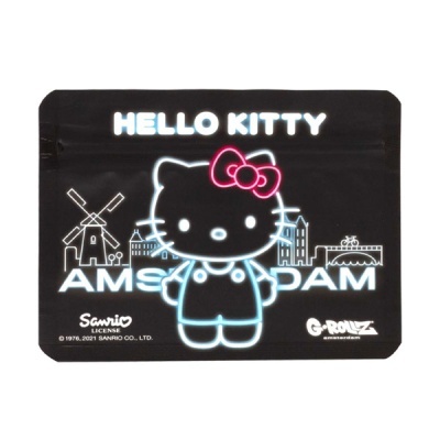 Embalagem preta com desenho néon da Hello Kitty e texto Amsterdam
