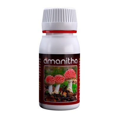 Frasco branco com etiqueta castanha e foto de cogumelos vermelhos Amanitha