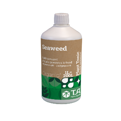 Garrafa branca com rótulo castanho e verde do produto Seaweed, tónico para plantas, com texto informativo em várias línguas e logo T.A Terra Aquatica.