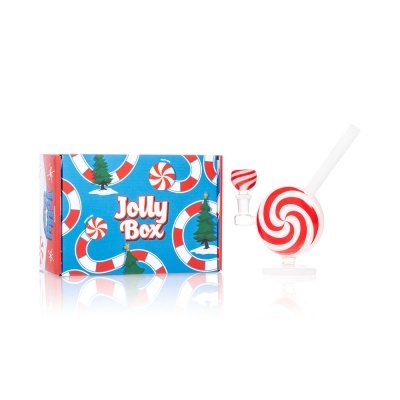 Caixa azul Jolly Box com cachimbo de vidro em padrão vermelho e branco em espiral