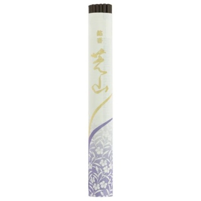 Embalagem cilíndrica de incenso branca com padrão floral lilás e texto dourado