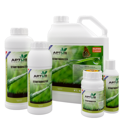 Conjunto de frascos Aptus Startbooster em várias dimensões com etiquetas verdes e brancas.