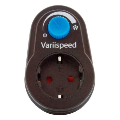 Tomada elétrica preta com controlo rotativo azul e texto Variispeed
