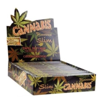 Caixa preta de papel de fumar slim com sabor cannabis e folhas desenhadas