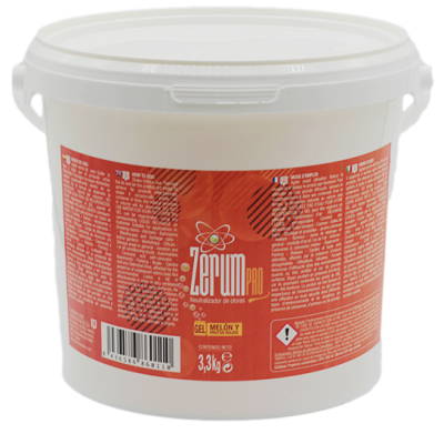 Recipiente branco com rótulo vermelho do produto Zerum Pro neutralizador de odores