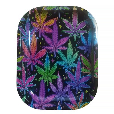 Tabuleiro metálico com padrão de folhas coloridas de cânhamo