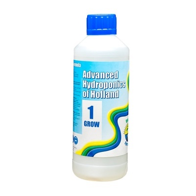 Garrafa de plástico branco com tampa azul etiquetada Advanced Hydroponics of Holland 1 GROW