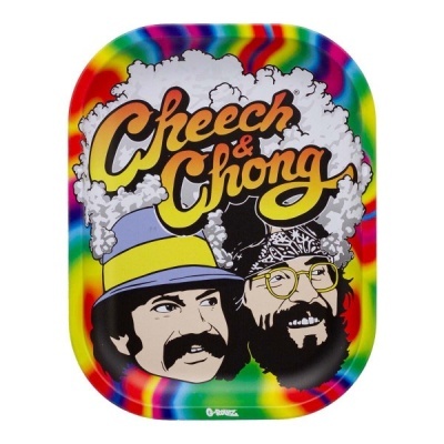 Tabuleiro metálico colorido com ilustração de Cheech & Chong e design psicadélico