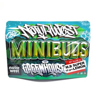 Embalagem colorida de mini buds CBD Natur West com texto grande e rótulos visíveis