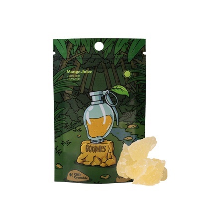 Pacote de CBD Mango Juice com crumble amarelo em fundo branco