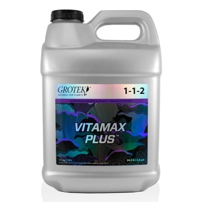 Recipiente plástico cinzento VITAMAX PLUS com etiqueta colorida.