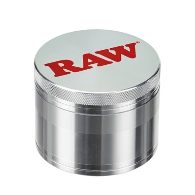 Triturador metálico prateado RAW com texto vermelho no topo