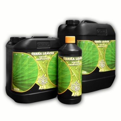 Recipientes pretos com etiquetas verdes e texto Terra Leaves para ciclo de crescimento